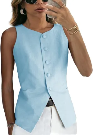 Women's Linen Waistcoat Slim Fit 5 Button V-Neck Dressy Suit Vest