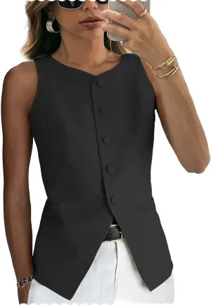 Women's Linen Waistcoat Slim Fit 5 Button V-Neck Dressy Suit Vest
