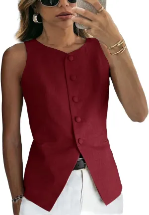 Women's Linen Waistcoat Slim Fit 5 Button V-Neck Dressy Suit Vest