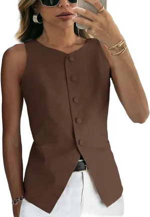Women's Linen Waistcoat Slim Fit 5 Button V-Neck Dressy Suit Vest
