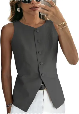 Women's Linen Waistcoat Slim Fit 5 Button V-Neck Dressy Suit Vest