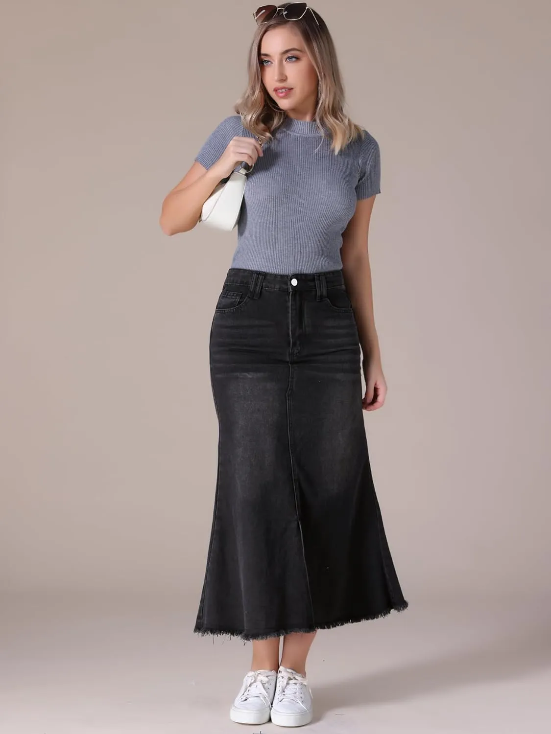 Women's Long Denim Skirts Summer High Waisted Split A-Line Fishtail Jean Skirt