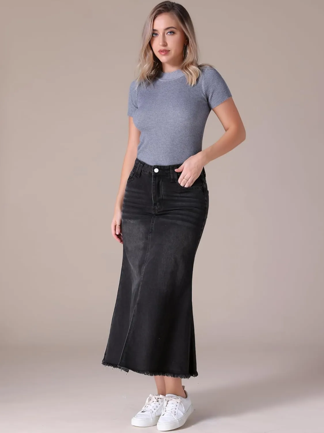 Women's Long Denim Skirts Summer High Waisted Split A-Line Fishtail Jean Skirt