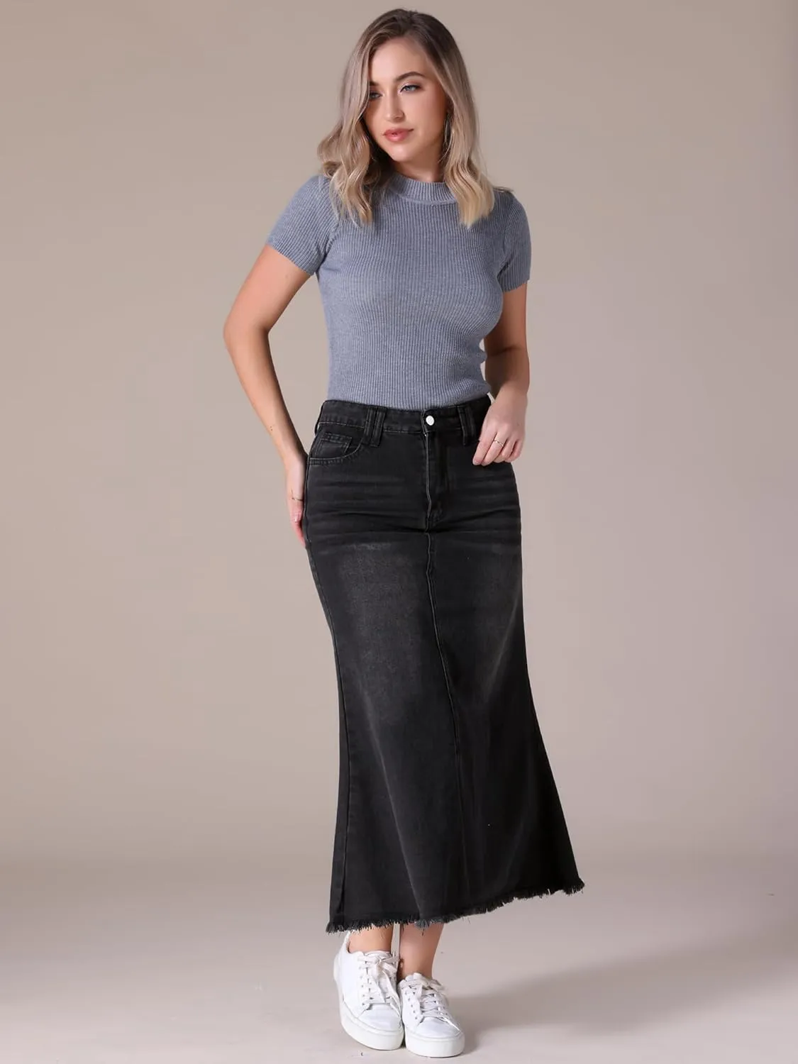 Women's Long Denim Skirts Summer High Waisted Split A-Line Fishtail Jean Skirt