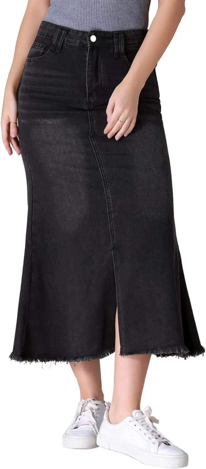 Women's Long Denim Skirts Summer High Waisted Split A-Line Fishtail Jean Skirt