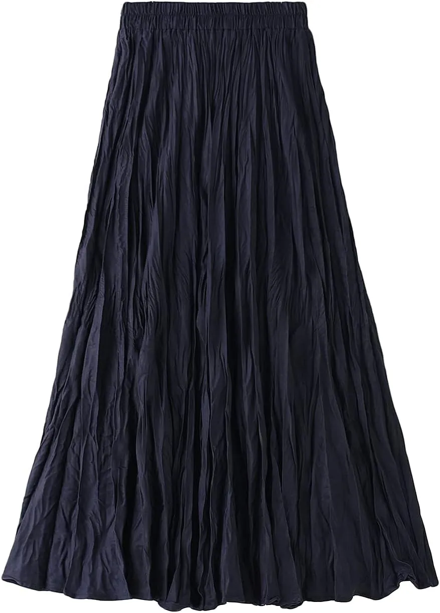 Women's Long Skirt High Waist Elastic Pleated Skirt Ballet Wedding Prom Party A-Line Casual Swing Midi Skirt