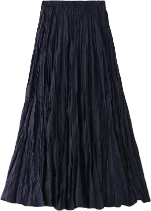 Women's Long Skirt High Waist Elastic Pleated Skirt Ballet Wedding Prom Party A-Line Casual Swing Midi Skirt