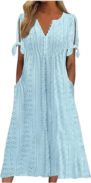 Womens Midi Dresses Summer Plus Size Fashion Hollow Out Breathable Short Sleeves V-Neck Loose Comfy Beach Sundress