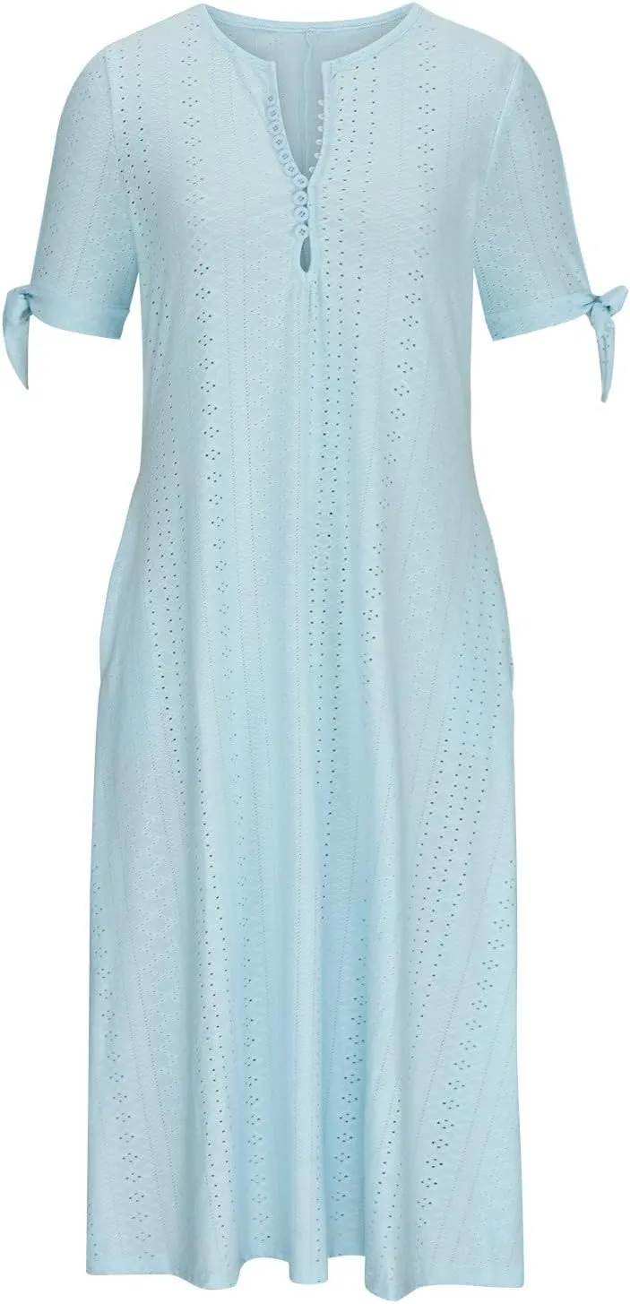 Womens Midi Dresses Summer Plus Size Fashion Hollow Out Breathable Short Sleeves V-Neck Loose Comfy Beach Sundress