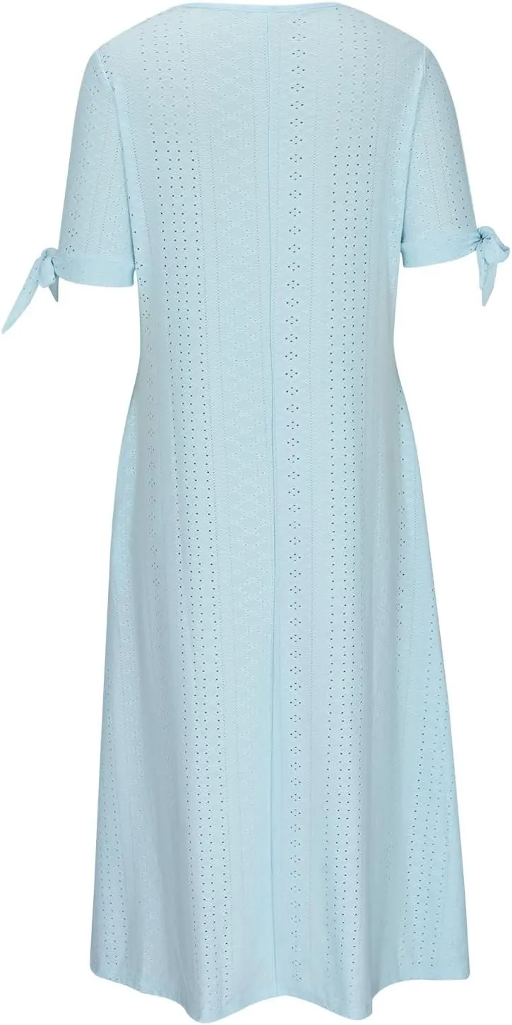 Womens Midi Dresses Summer Plus Size Fashion Hollow Out Breathable Short Sleeves V-Neck Loose Comfy Beach Sundress