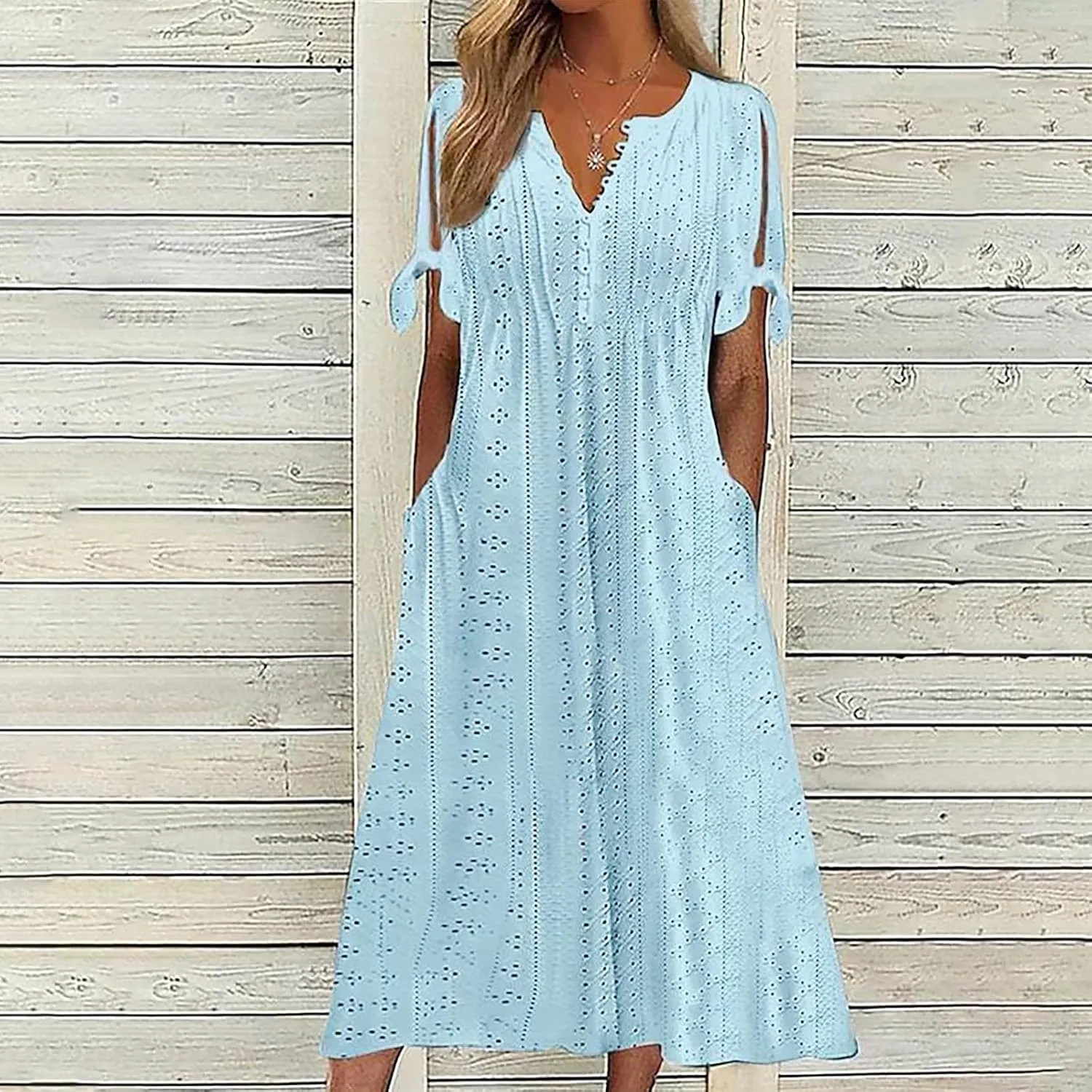 Womens Midi Dresses Summer Plus Size Fashion Hollow Out Breathable Short Sleeves V-Neck Loose Comfy Beach Sundress