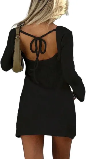 Womens Mini Dress Knit Crew Neck Flare Long Sleeve Tie Back Dress Casual Elegant Dress for Women Solid Backless Dress