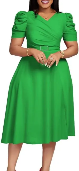 Women's New Fashionable Temperament Elegant V-Neck Pleated Large Swing Skirt Belt Puff Sleeve Dress, Small