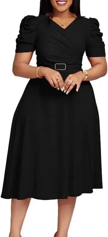 Women's New Fashionable Temperament Elegant V-Neck Pleated Large Swing Skirt Belt Puff Sleeve Dress, Small
