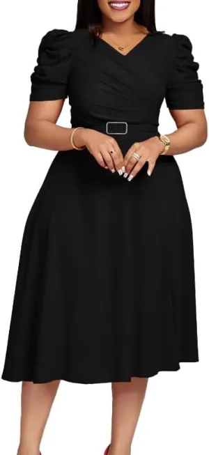 Women's New Fashionable Temperament Elegant V-Neck Pleated Large Swing Skirt Belt Puff Sleeve Dress, Small