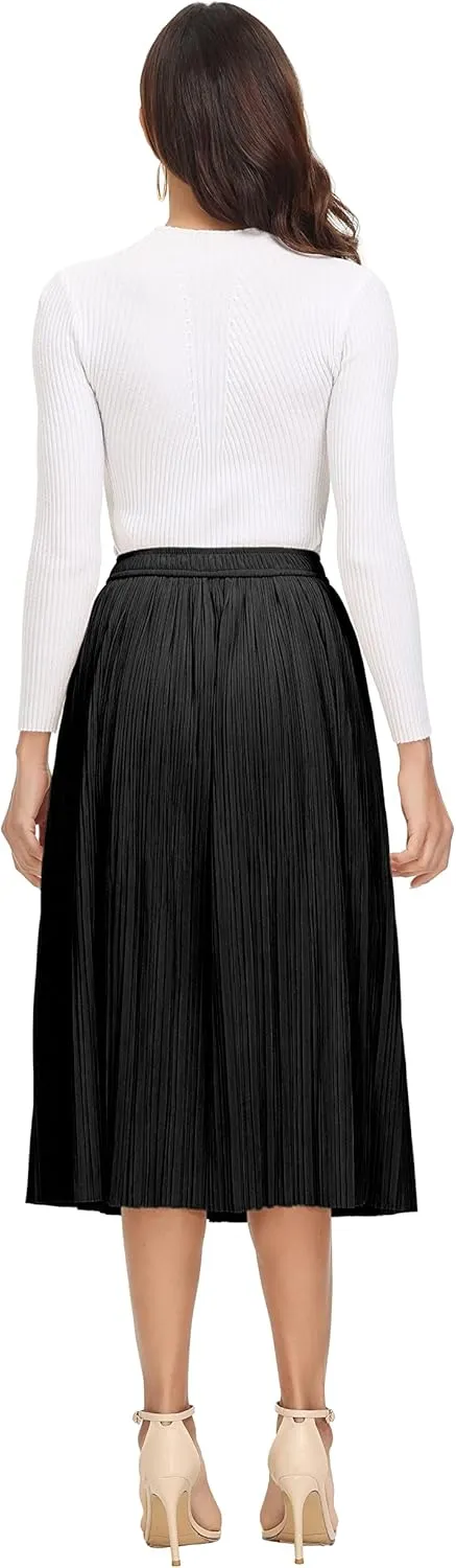 Women's Pleated Midi Skirt Casual A-line High Waist Flared Swing Skirt