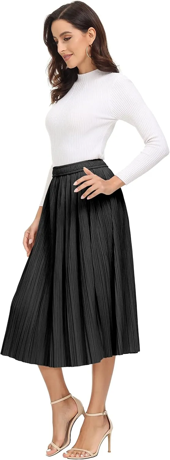 Women's Pleated Midi Skirt Casual A-line High Waist Flared Swing Skirt