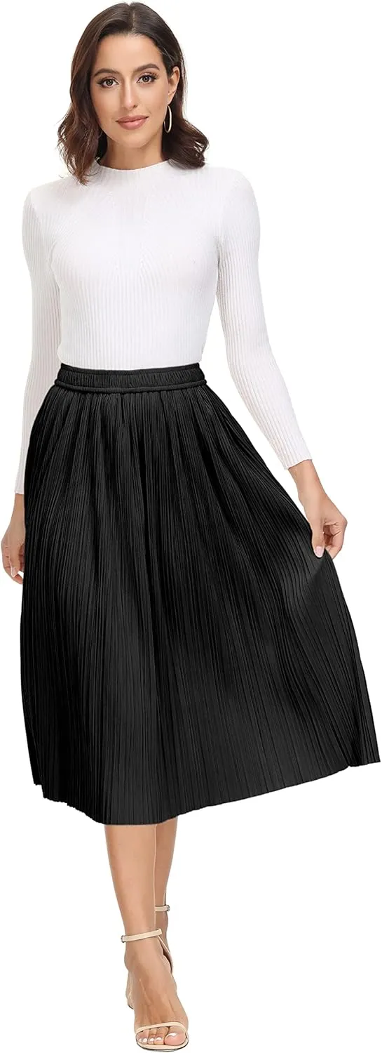 Women's Pleated Midi Skirt Casual A-line High Waist Flared Swing Skirt