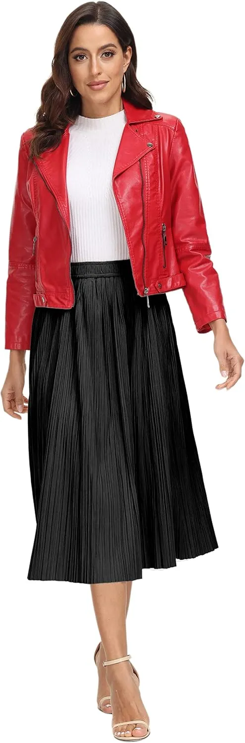 Women's Pleated Midi Skirt Casual A-line High Waist Flared Swing Skirt