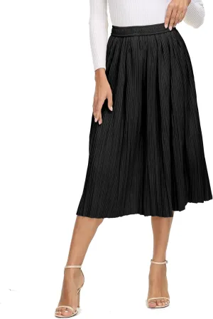 Women's Pleated Midi Skirt Casual A-line High Waist Flared Swing Skirt