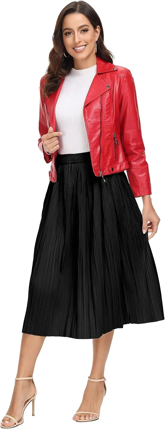 Women's Pleated Midi Skirt Casual A-line High Waist Flared Swing Skirt