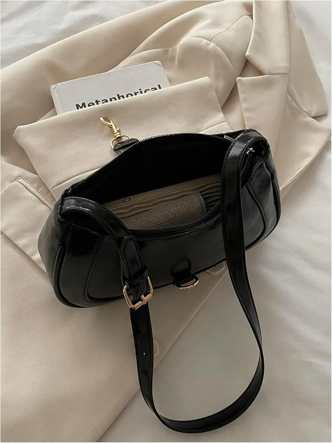 Women's PU Leather Clasp Zipper Shoulder Bags Adjustable Strap Hangbag Clutch Purses