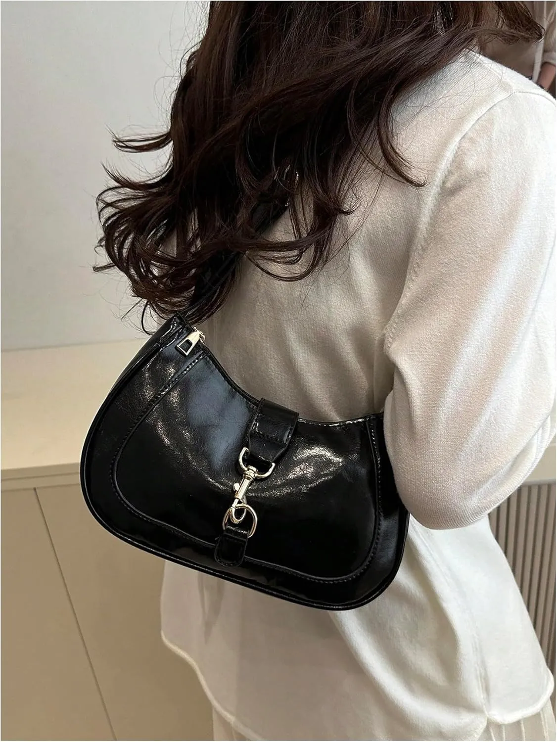 Women's PU Leather Clasp Zipper Shoulder Bags Adjustable Strap Hangbag Clutch Purses