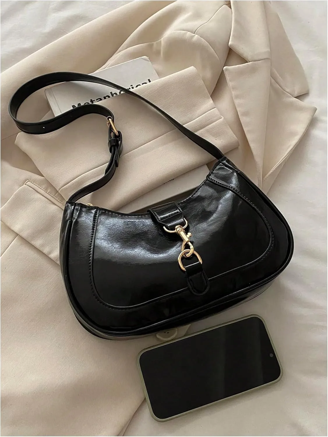 Women's PU Leather Clasp Zipper Shoulder Bags Adjustable Strap Hangbag Clutch Purses