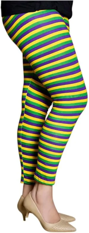 Women's Purple Green Gold Rugby Striped Tights/Leggings - S/M, L/XL, XL/2XL