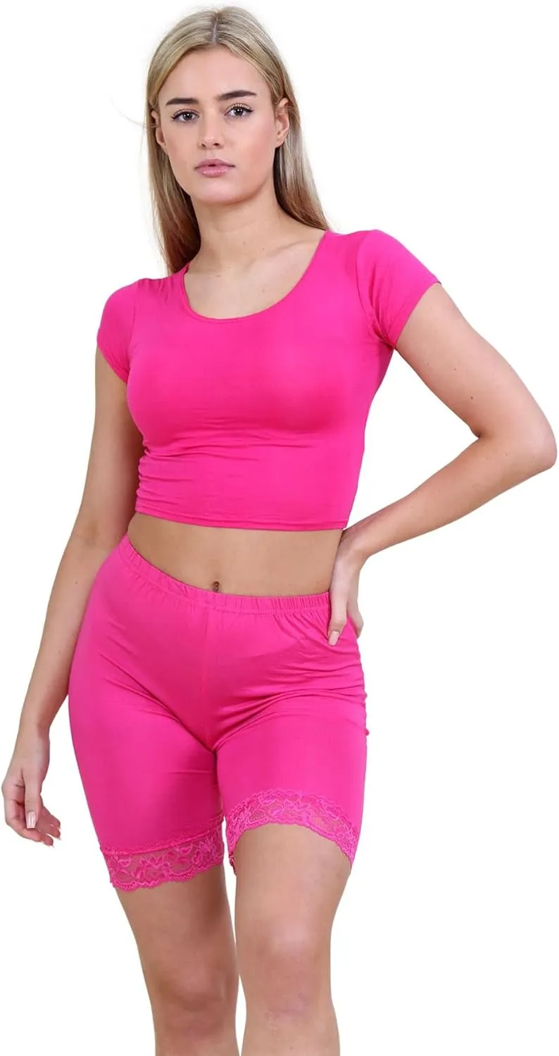 Womens Scallop Lace Trim Plain Gym Bike Tights Viscose Cycling Shorts Hot Pants