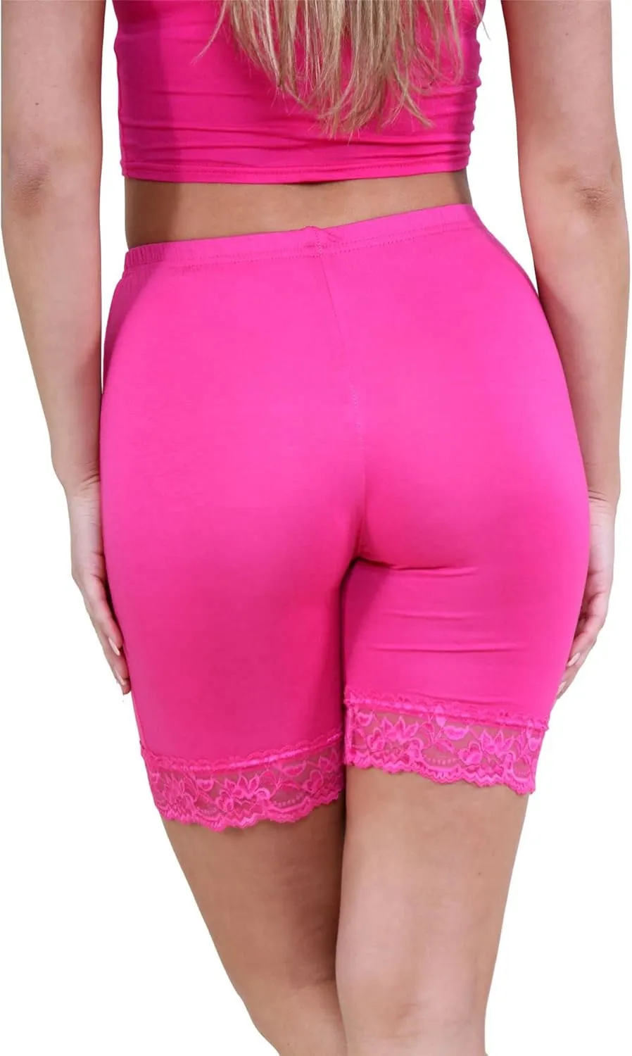 Womens Scallop Lace Trim Plain Gym Bike Tights Viscose Cycling Shorts Hot Pants
