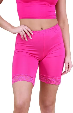 Womens Scallop Lace Trim Plain Gym Bike Tights Viscose Cycling Shorts Hot Pants