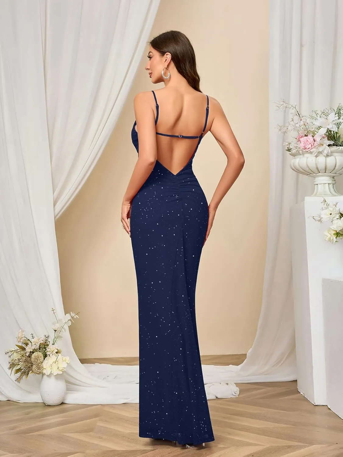 Womens Sexy V Neck Sequin Bodycon Maxi Dress Sparkly Mesh Party Backless Long Dresses