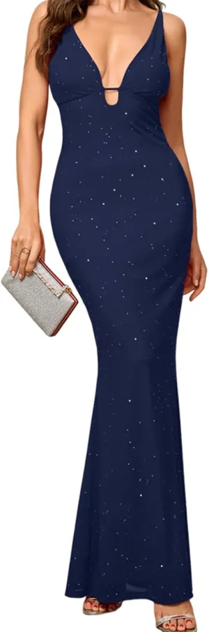 Womens Sexy V Neck Sequin Bodycon Maxi Dress Sparkly Mesh Party Backless Long Dresses