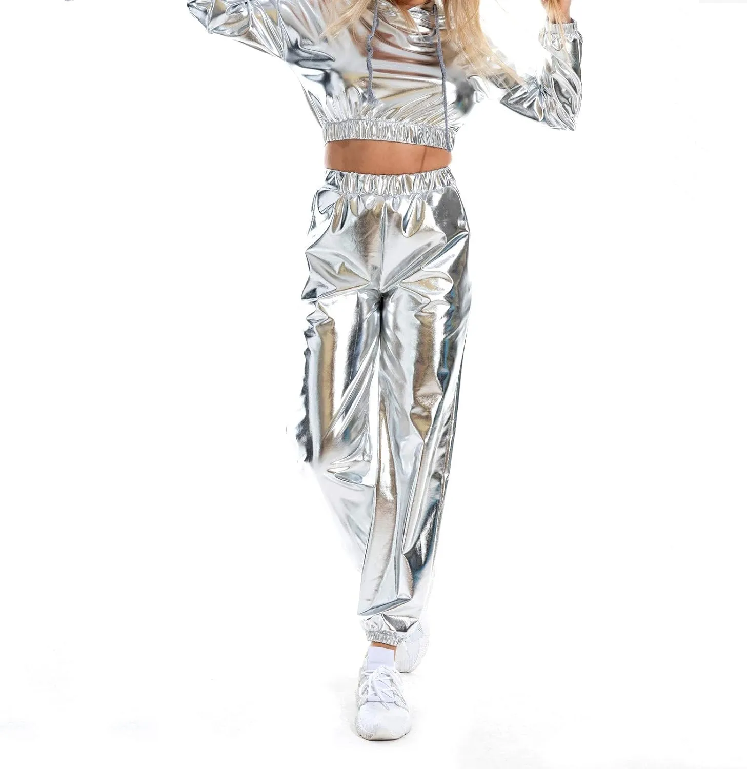 Womens Shiny Metallic High Waist Jogger Pants Hip Hop Clubwear Holographic Trousers Sweatpant 70s 80s Disco Outfits