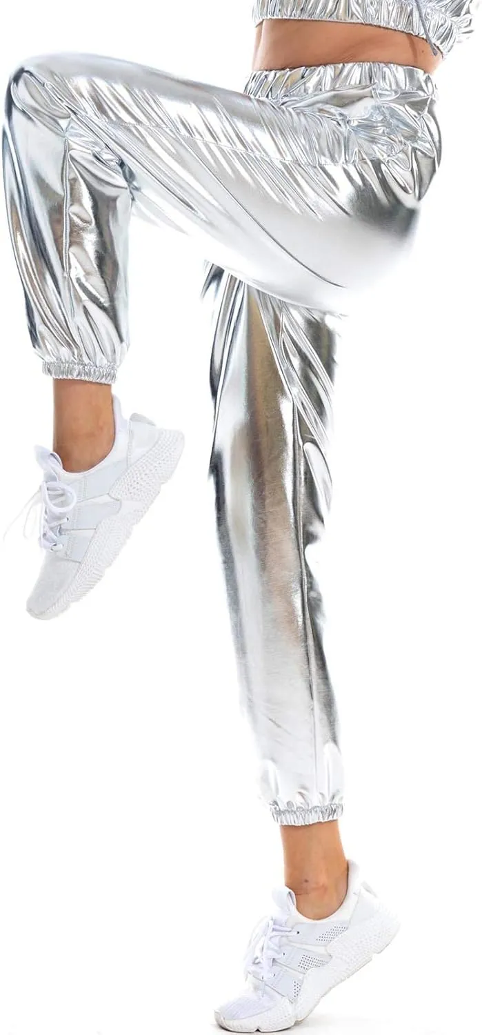 Womens Shiny Metallic High Waist Jogger Pants Hip Hop Clubwear Holographic Trousers Sweatpant 70s 80s Disco Outfits