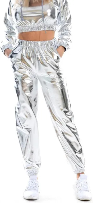 Womens Shiny Metallic High Waist Jogger Pants Hip Hop Clubwear Holographic Trousers Sweatpant 70s 80s Disco Outfits