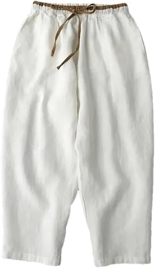 Women's Solid Color Nine-Point Harem Pants Casual Drawstring Cotton and Linen Harem Pants