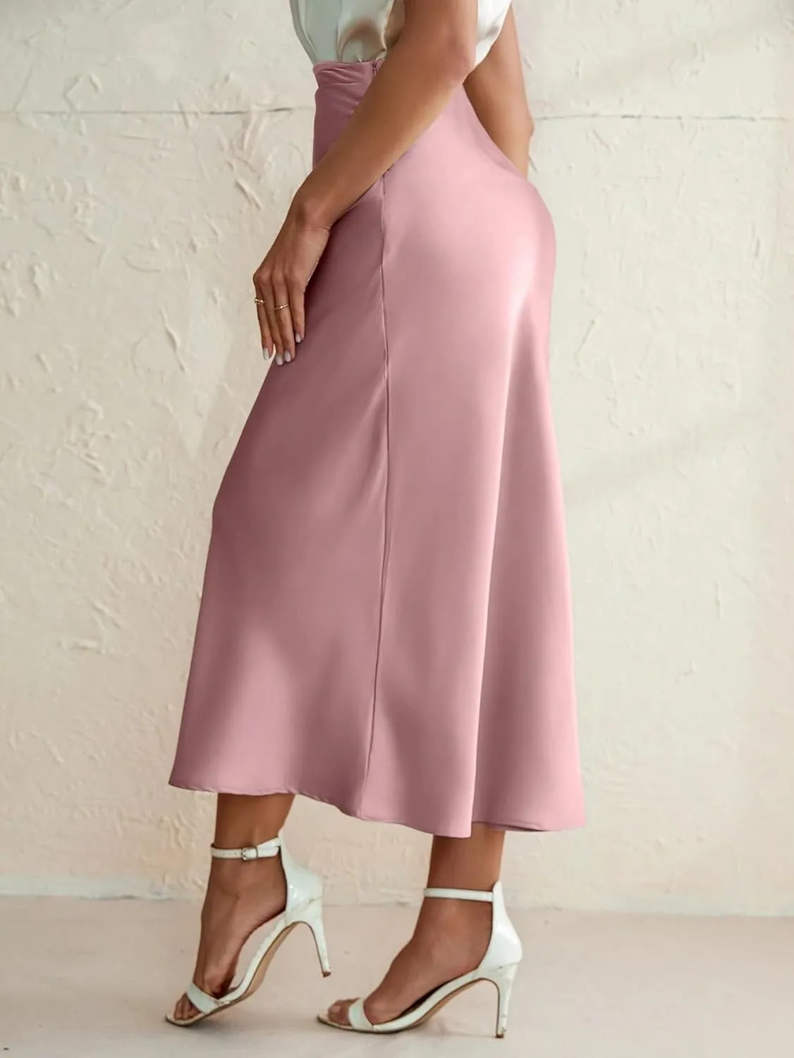 Womens Solid Color Pleated Elegant Fishtail Fashion Satin Midi Skirt Long Skirts for Women