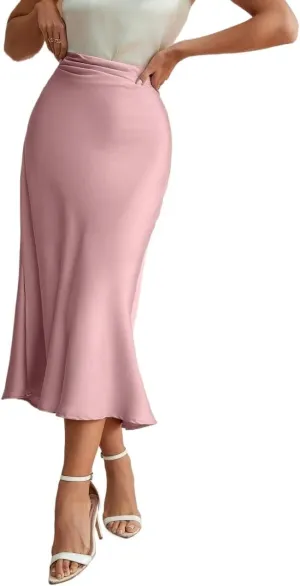 Womens Solid Color Pleated Elegant Fishtail Fashion Satin Midi Skirt Long Skirts for Women