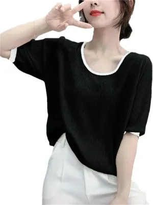 Women's Solid Color T-Shirt Top Thin Ice Silk Knitted Short-Sleeved Clothing Camisole