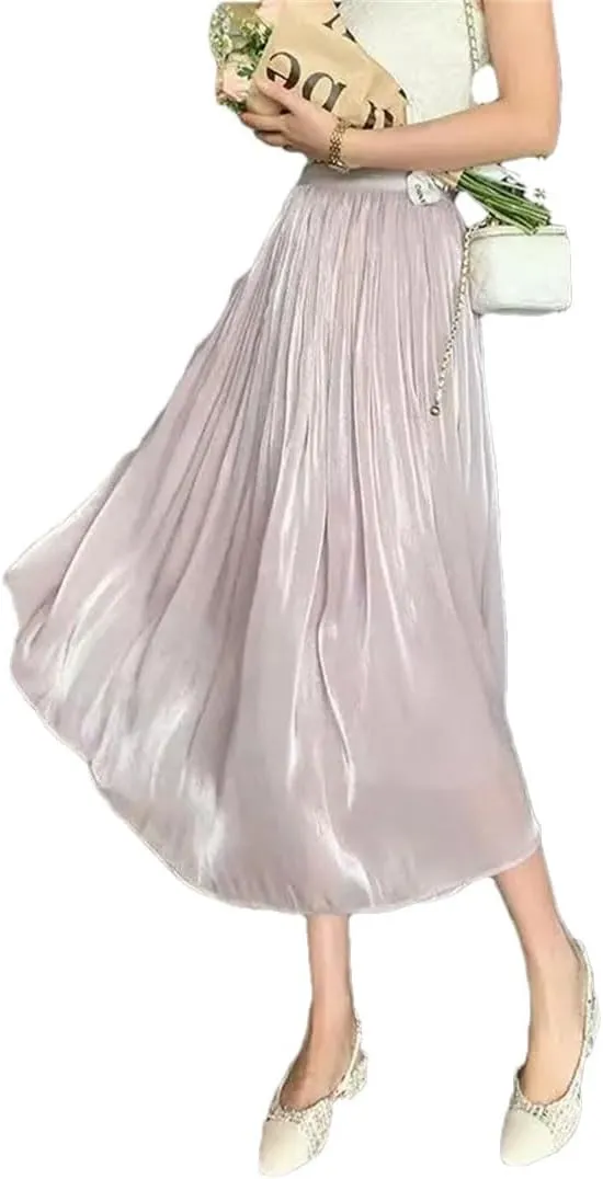 Women's Spring and Summer Solid Color High Waist Elastic Gauze Pleated A-Line Appear Thin Casual Skirt
