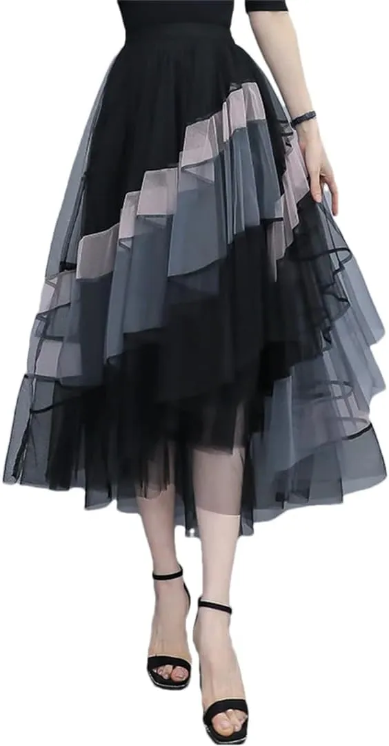 Women's Spring Summer Patchwork Tulle Maxi Skirt High Street Mesh High-Waisted Pleated Midi Skirt Black M