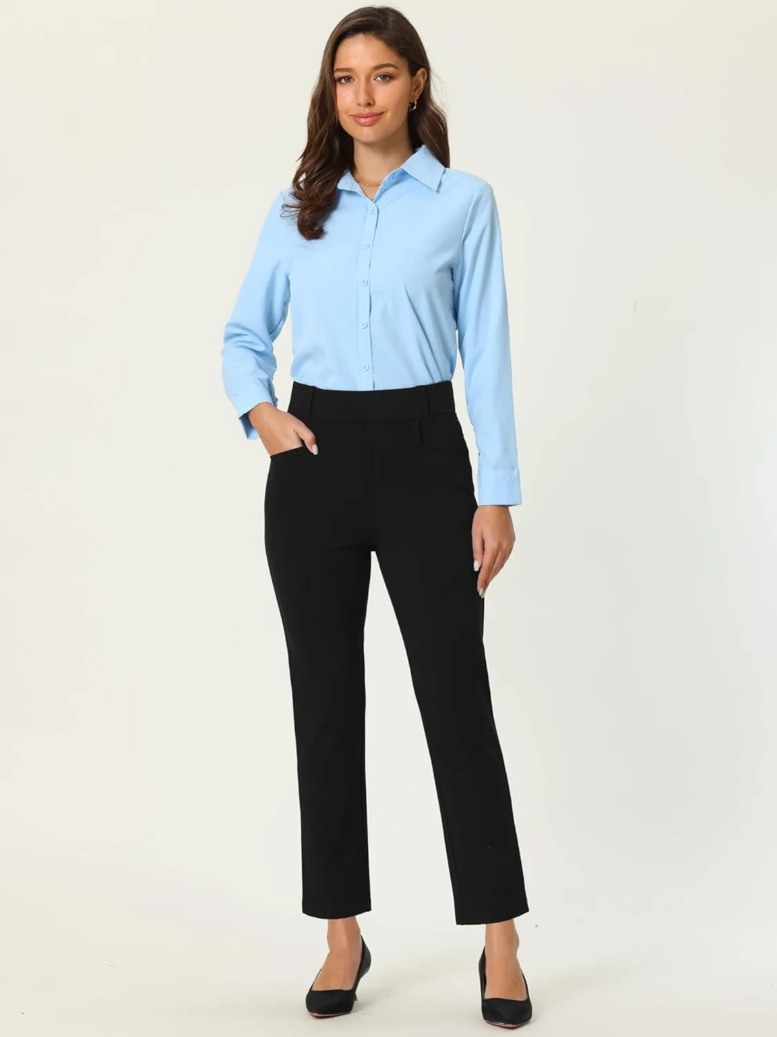 Women's Stretchy Work Pant Elastic High Waist Casual Office Straight Trousers with Pockets