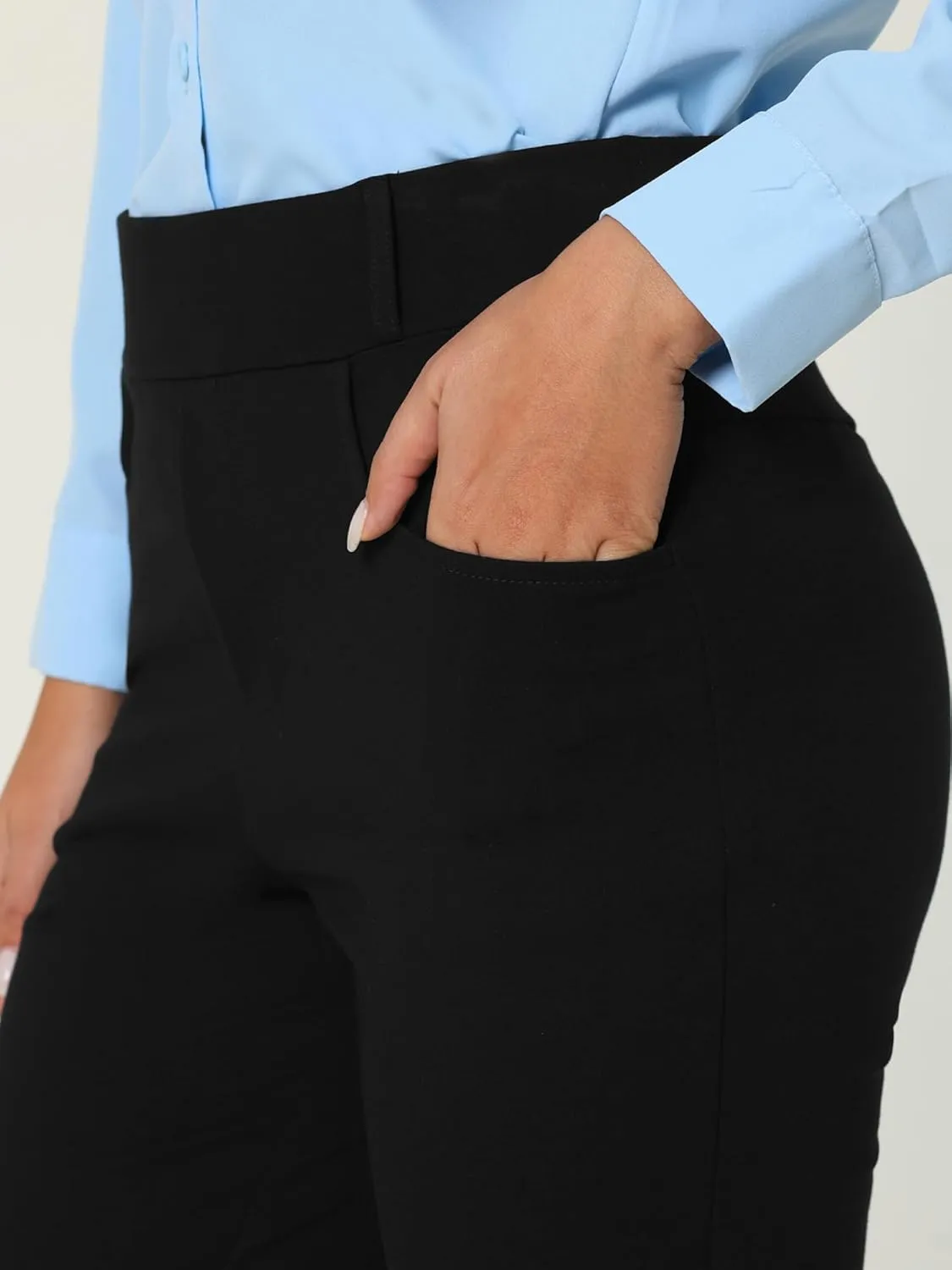 Women's Stretchy Work Pant Elastic High Waist Casual Office Straight Trousers with Pockets