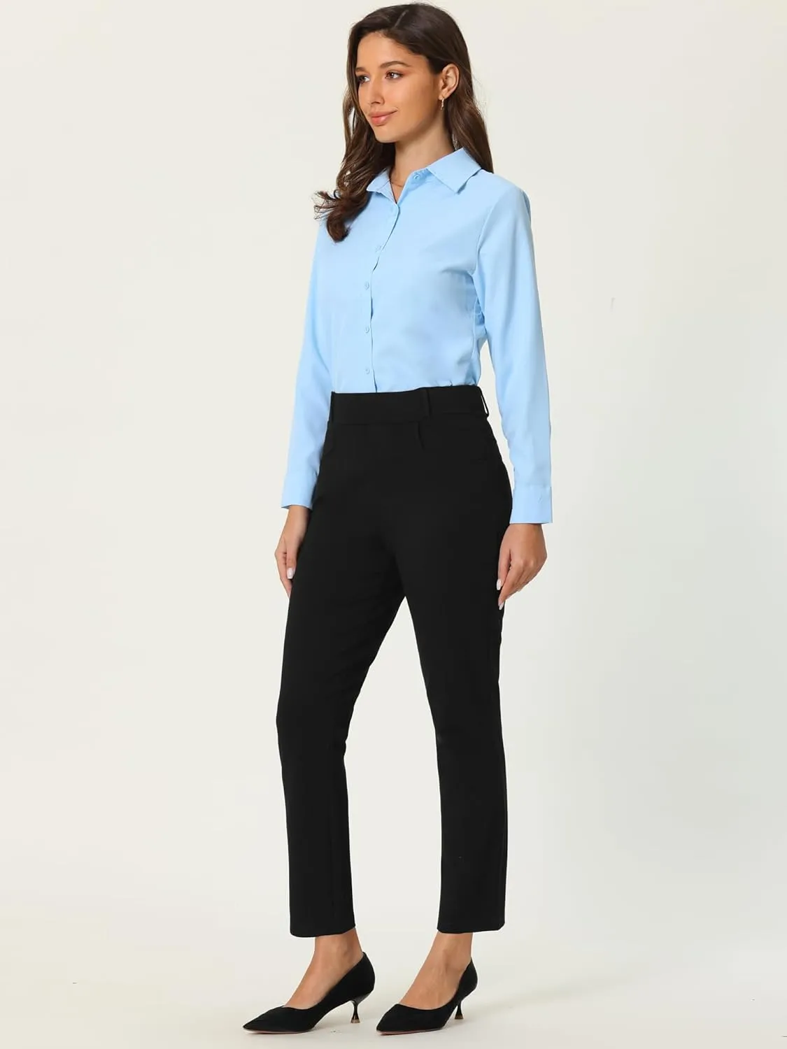 Women's Stretchy Work Pant Elastic High Waist Casual Office Straight Trousers with Pockets