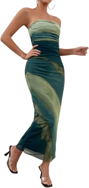 Women's Summer Maxi Dress Tie Dye Strapless Tube Bodycon Side Slit Mesh Layered