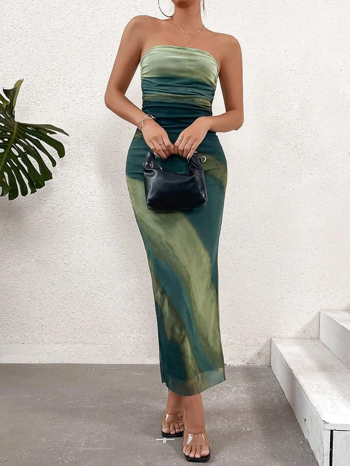 Women's Summer Maxi Dress Tie Dye Strapless Tube Bodycon Side Slit Mesh Layered