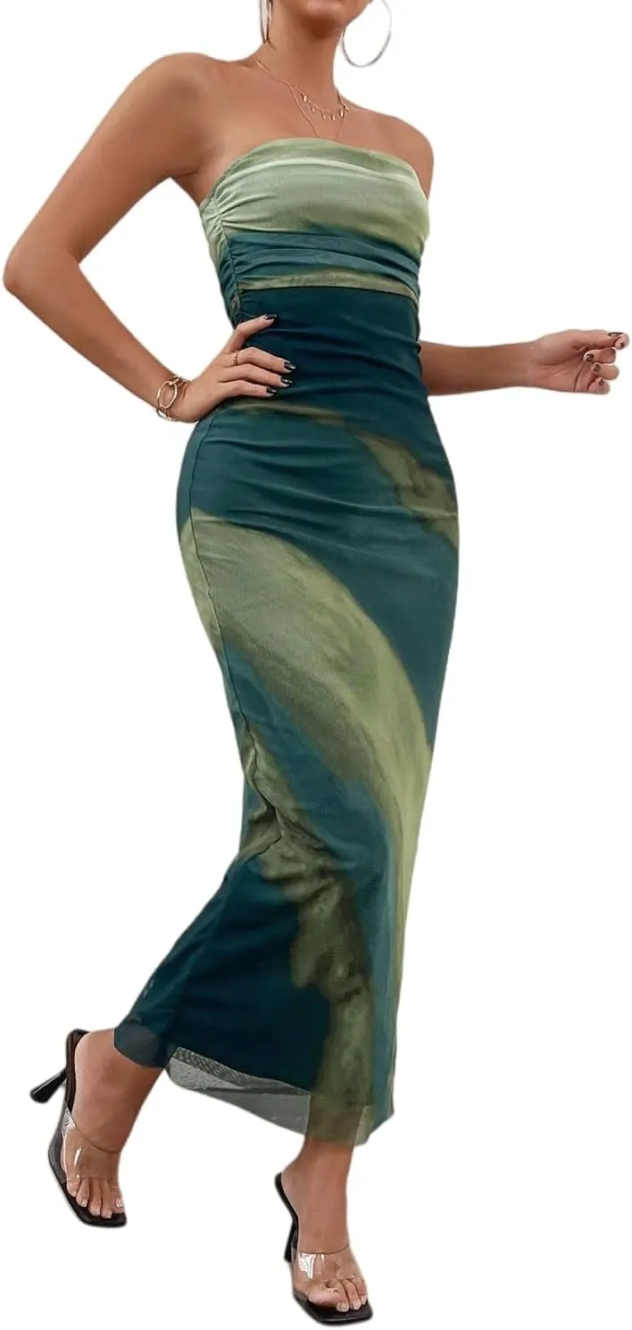 Women's Summer Maxi Dress Tie Dye Strapless Tube Bodycon Side Slit Mesh Layered