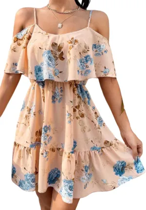 Women's Summer One-Shoulder Mini Sundress Casual Spaghetti Strap Dresses Floral Sleeveless Ruffle Short Dress